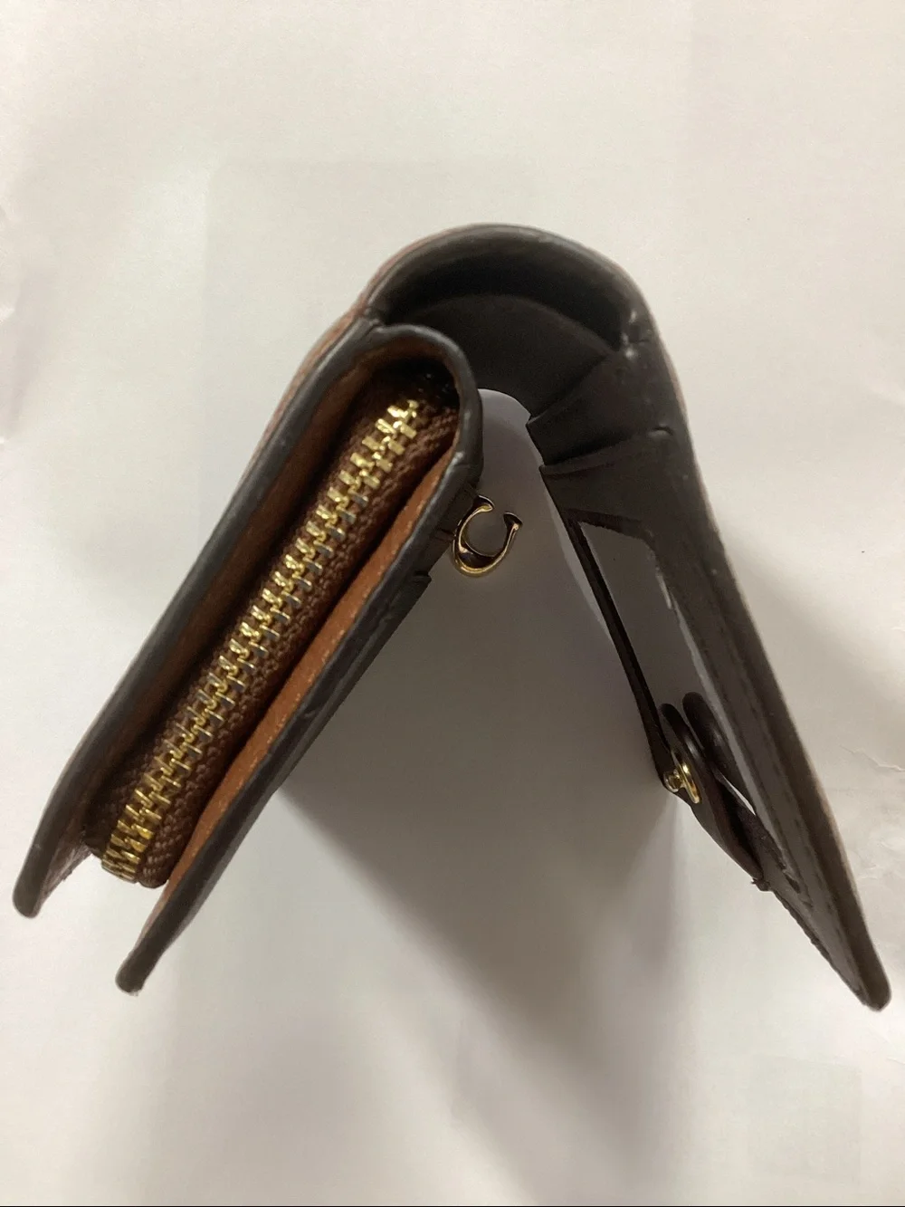 Coach Pebbled Leather Compact Wallet in Chestnut Brown with Gold Accents